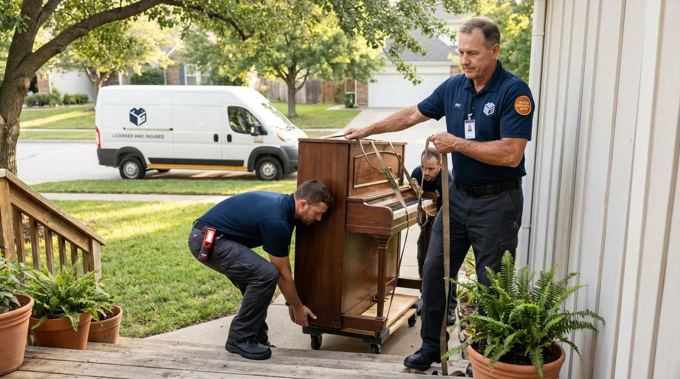 Licensed piano movers securing grand piano in Annandale, MN
