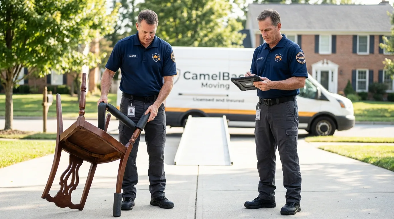 Movers inspecting furniture for damage prevention before loading in Annandale, MN